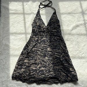 H&M Halter Neck Mini Dress - Black Beige Animal Print, 100% Cotton Size 4